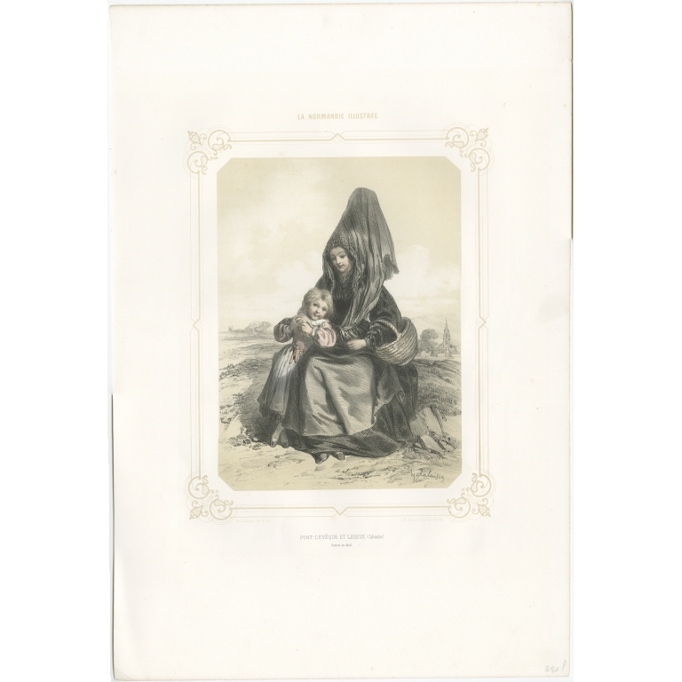 Antique Print of a mourning woman from the region of Lisieux by Charpentier (1852)