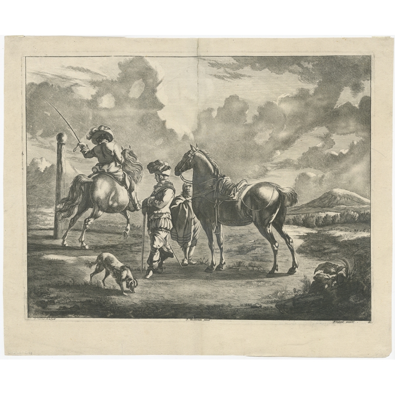 Antique Print of a landscape with horses and horsemen made after Wouwerman (c.1680)