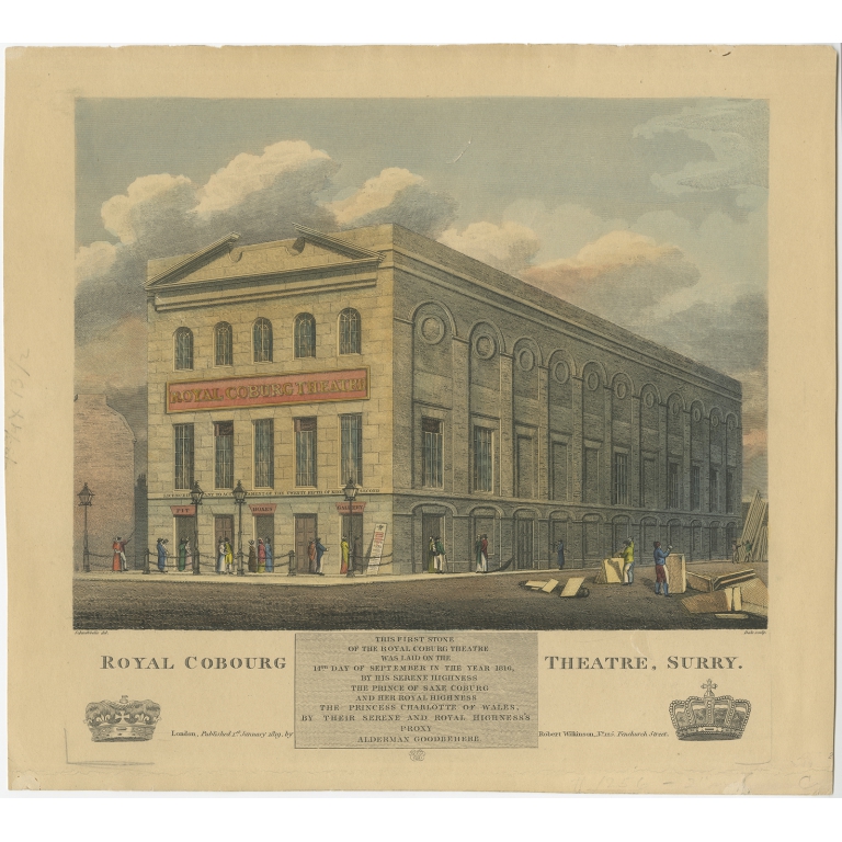 Antique Print of the Royal Coburg Theatre (Old Vic) by Wilkinson (1819)