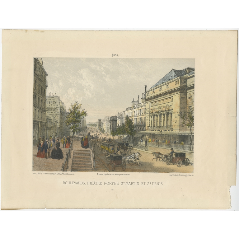 Antique Print of the Boulevard, Theatre and Gates of Paris by Bachelier (1854)