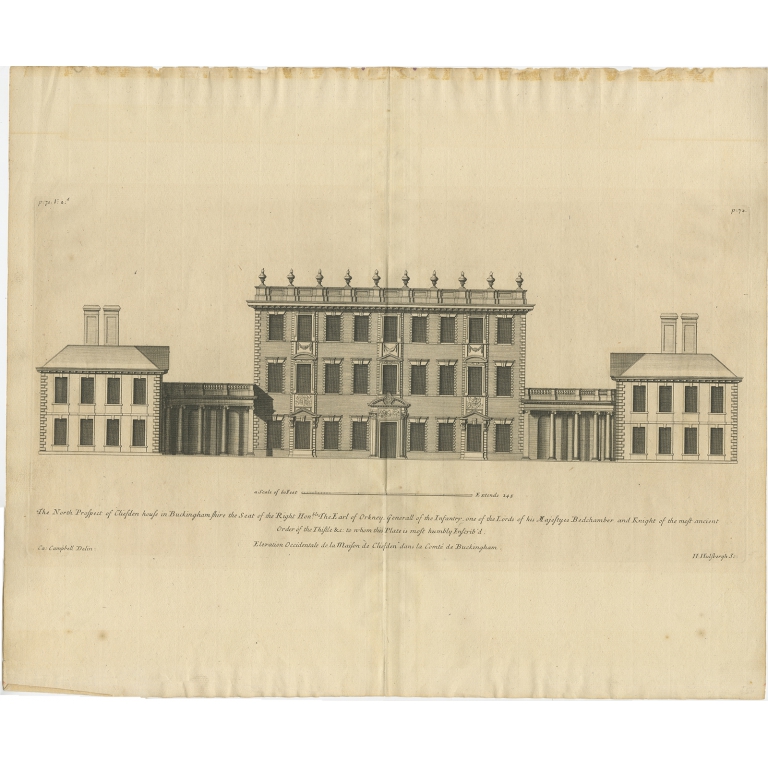 Antique Print of the North Facade of Cliveden House by Campbell (1725)