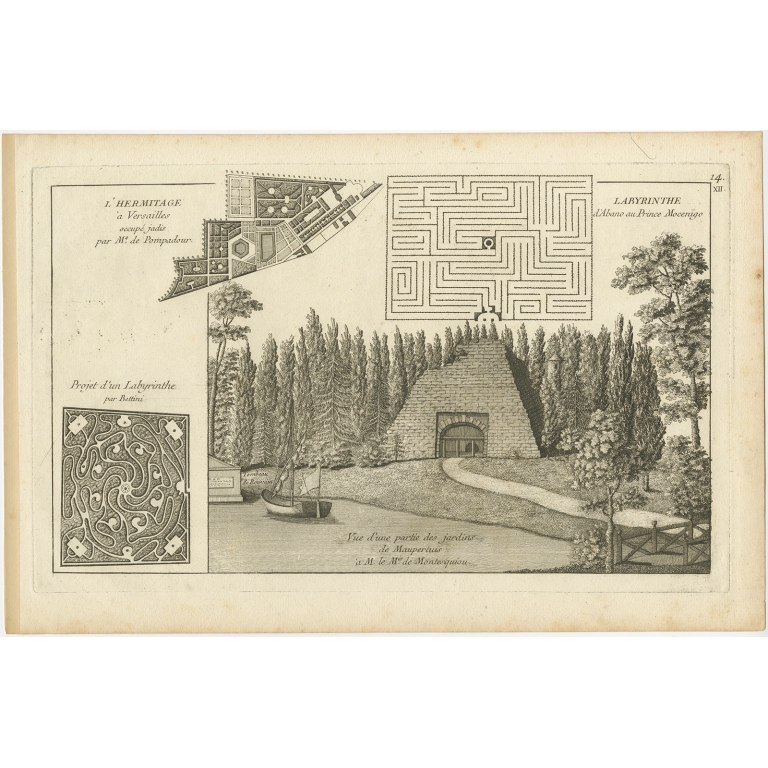 Pl. 14 Antique Print of Labyrinth and the Hermitage of Versailles by Le Rouge (1776)