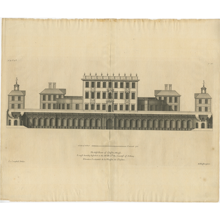 Antique Print of the West Facade of Cliveden House by Campbell (1725)