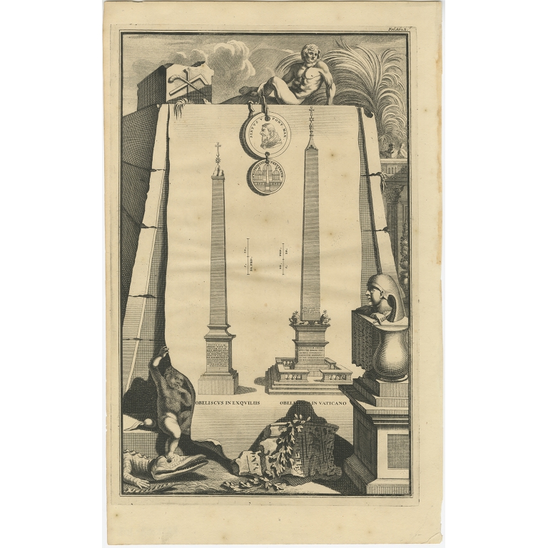 Antique Print of the Vatican Obelisk (c.1705)