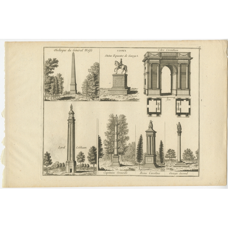 Pl. 21 Antique Print of various elements of Stowe Park by Le Rouge (c.1785)