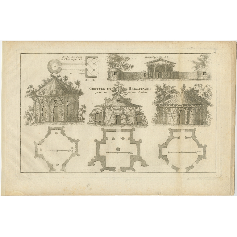 Pl. 3 Antique Print of Caves and Hermitages for English gardens by Le Rouge (c.1785)