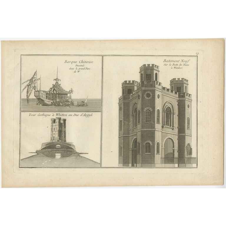 Pl. 12 Antique Print of a Chinese boat, Gothic tower and other building by Le Rouge (c.1785)