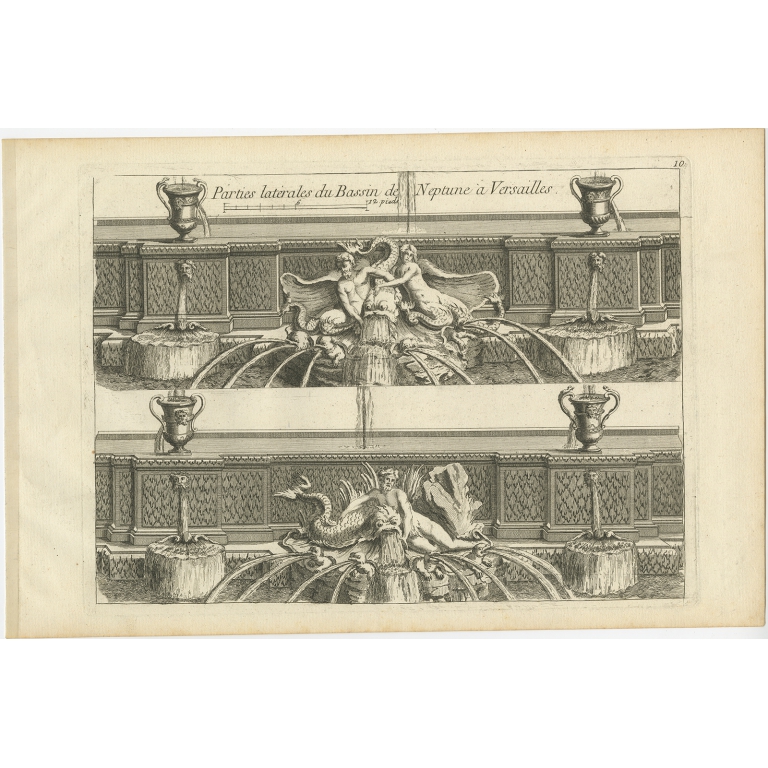 Pl. 10 Antique Print of the Neptune Fountain of Versailles by Le Rouge (c.1785)