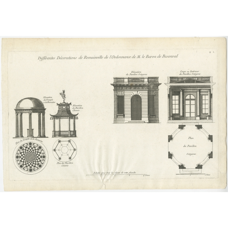 Pl. 2 Antique Print of Pavilion decorations by Le Rouge (c.1785)