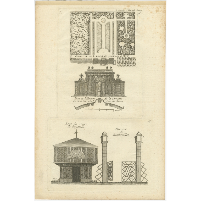 Pl. 18 Antique Print of various Garden elements by Le Rouge (c.1785)