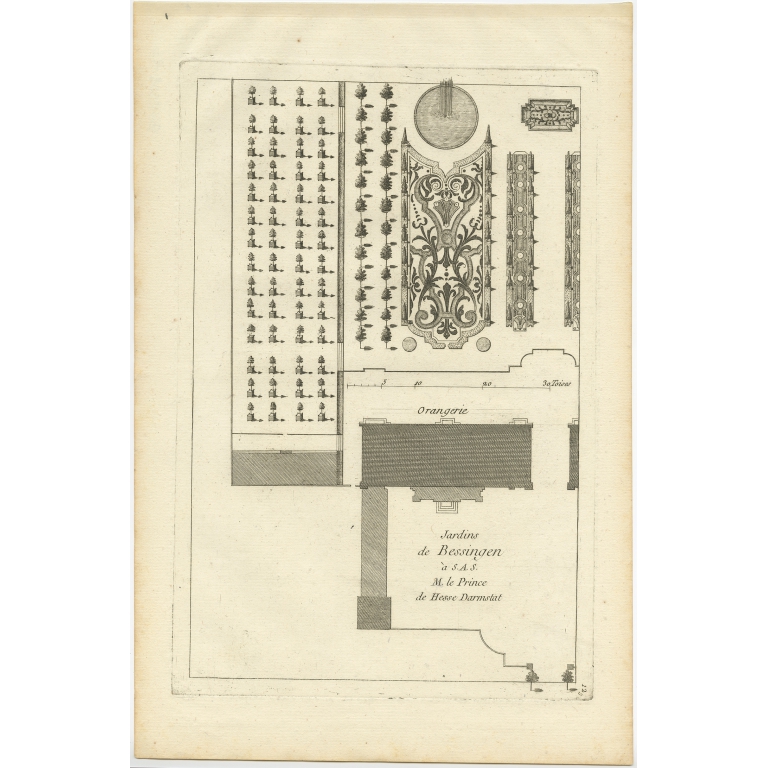 Pl. 12 Antique Print of an Orangery and garden plan by Le Rouge (c.1785)