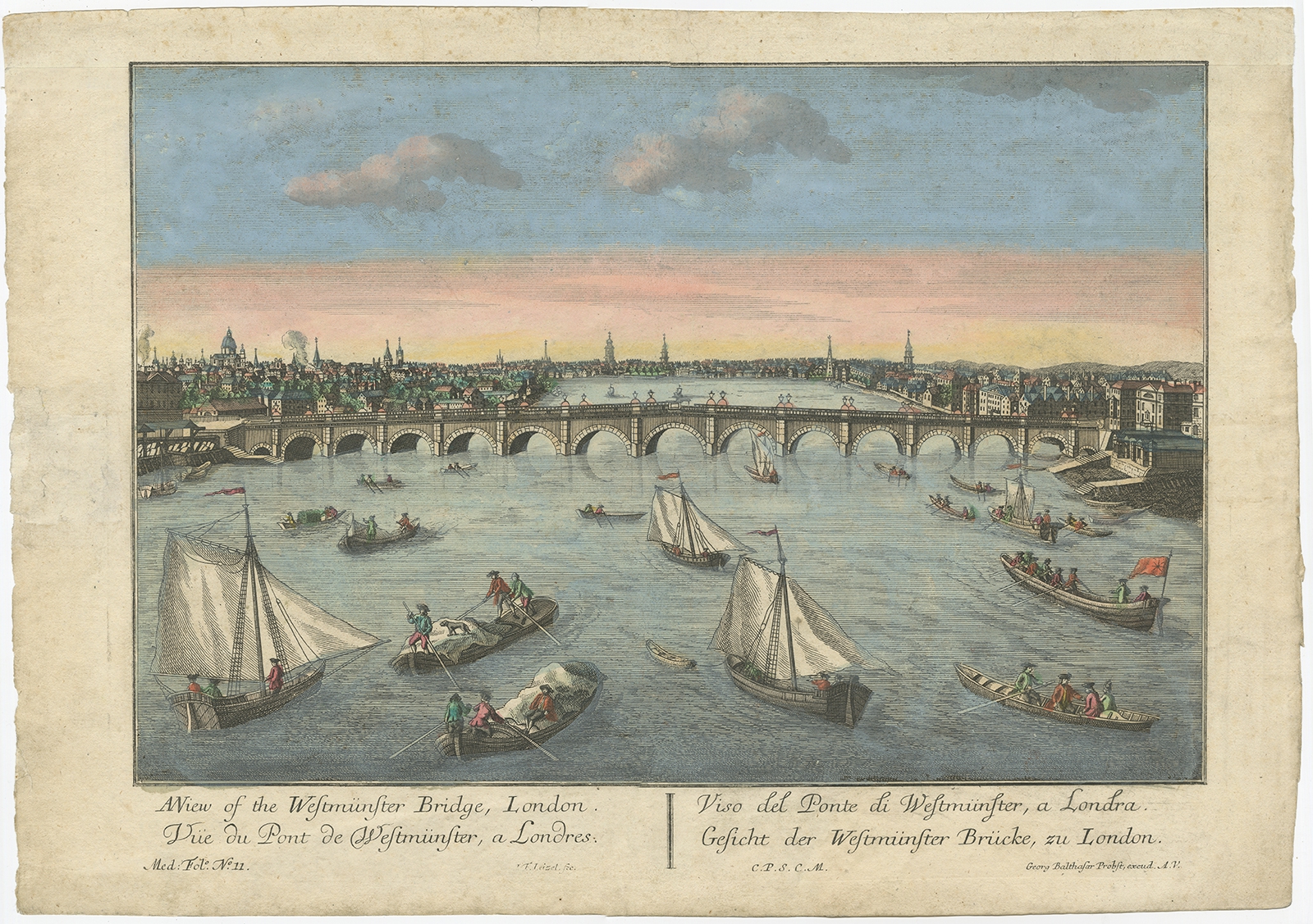 Antique Print Of The Westminster Bridge By Probst C 1780