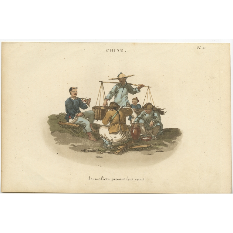 Antique Print of Chinese workers having their meal (c.1820)