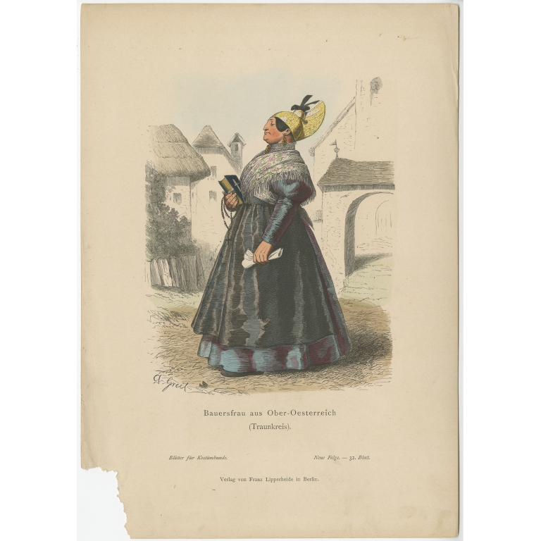 Antique Costume Print of a Farmer's Wife from the region of Traunkreis by Lipperheide (c.1880)