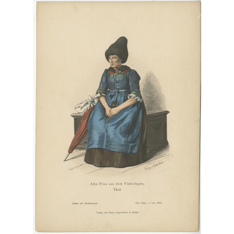 Antique Costume Print of a Woman from Vinschgau (Tyrol) by Lipperheide (c.1880)