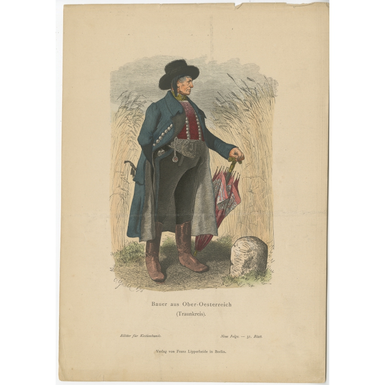Antique Costume Print of a Farmer from the region of Traunkreis by Lipperheide (c.1880)