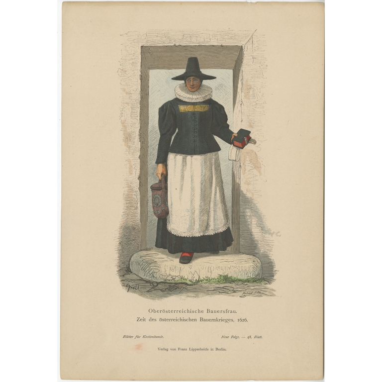 Antique Costume Print of a Farmer's Wife from Upper Austria during the Peasant's War by Lipperheide (c.1880)