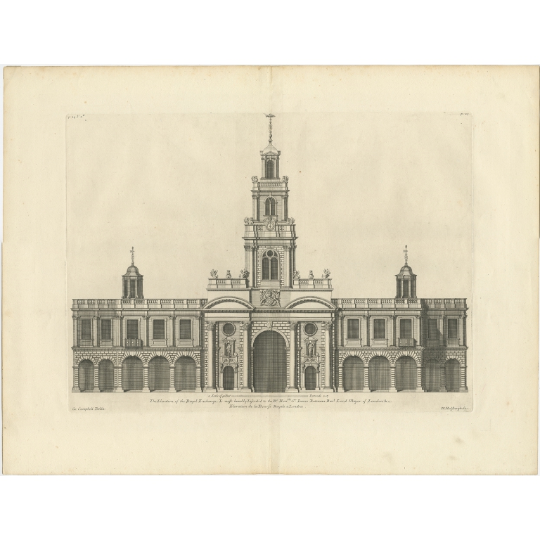 Antique Print of the Entrance Facade of the Royal Exchange by Campbell (1725)