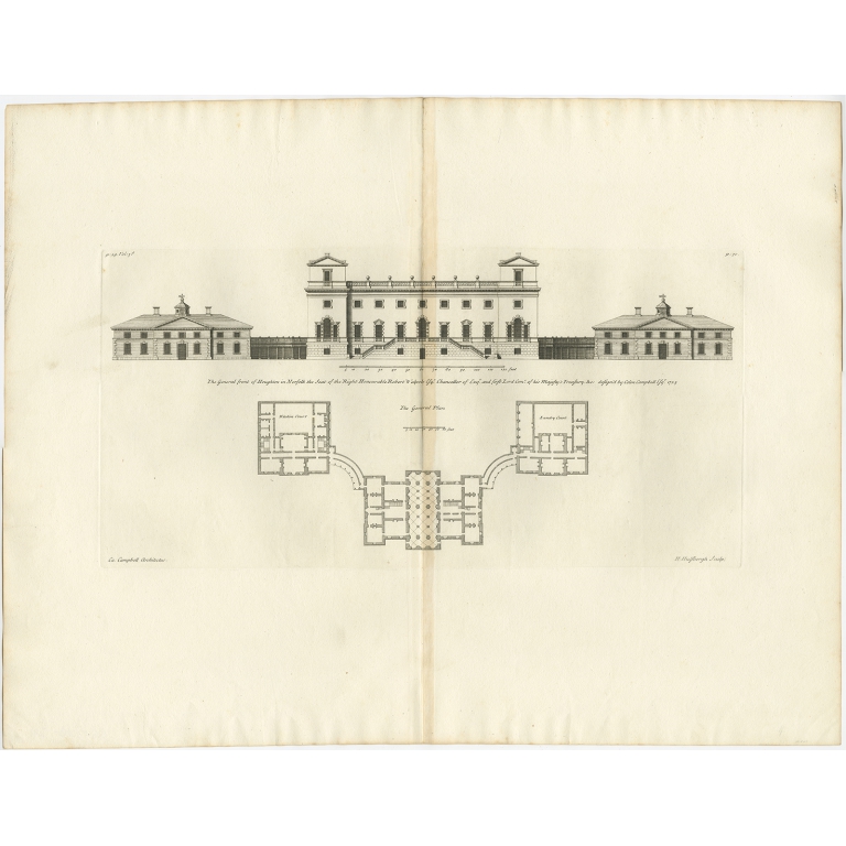 Antique Print of Houghton Hall by Campbell (1725)