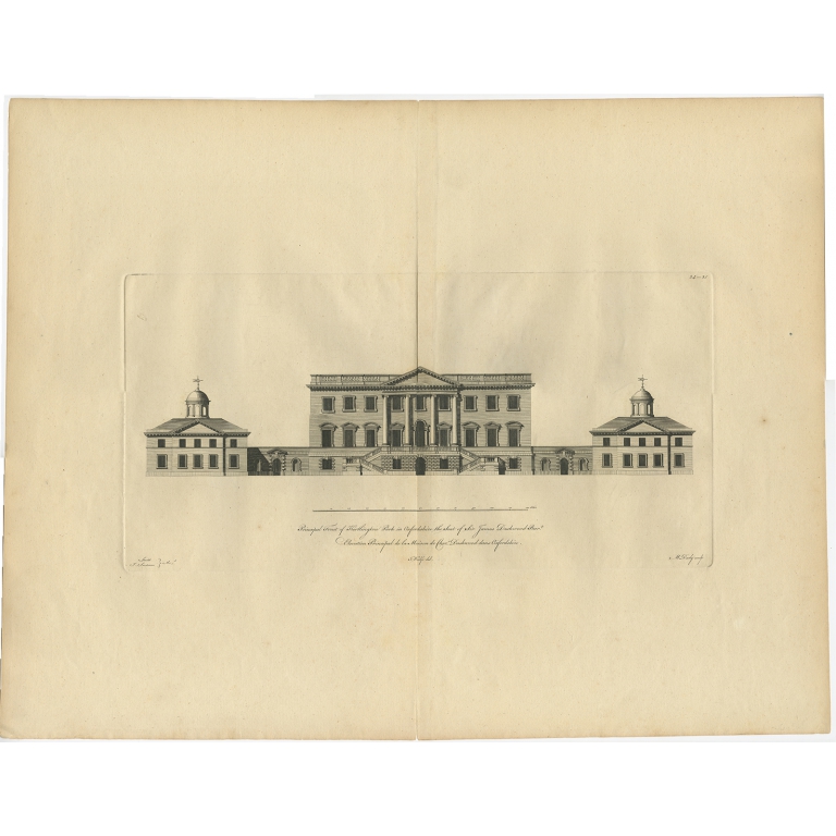 Antique Print of the Front Facade of Kirtlington Park by Woolfe (c.1770)