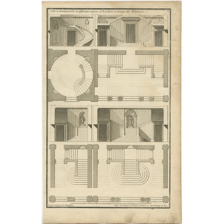 Pl. 2 Antique Architecture Print of various Stairs by Neufforge (c.1770)