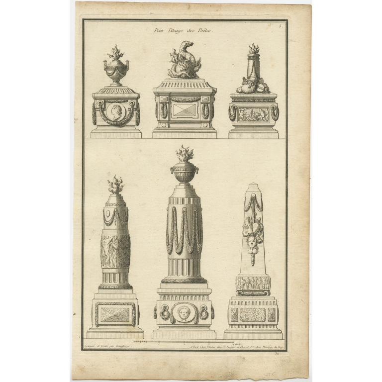 Pl. 5 Antique Architecture Print of various Vases and other Ornaments by Neufforge (c.1770)