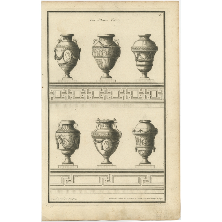 Pl. 5 Antique Architecture Print of various Vases and other Ornaments by Neufforge (c.1770)