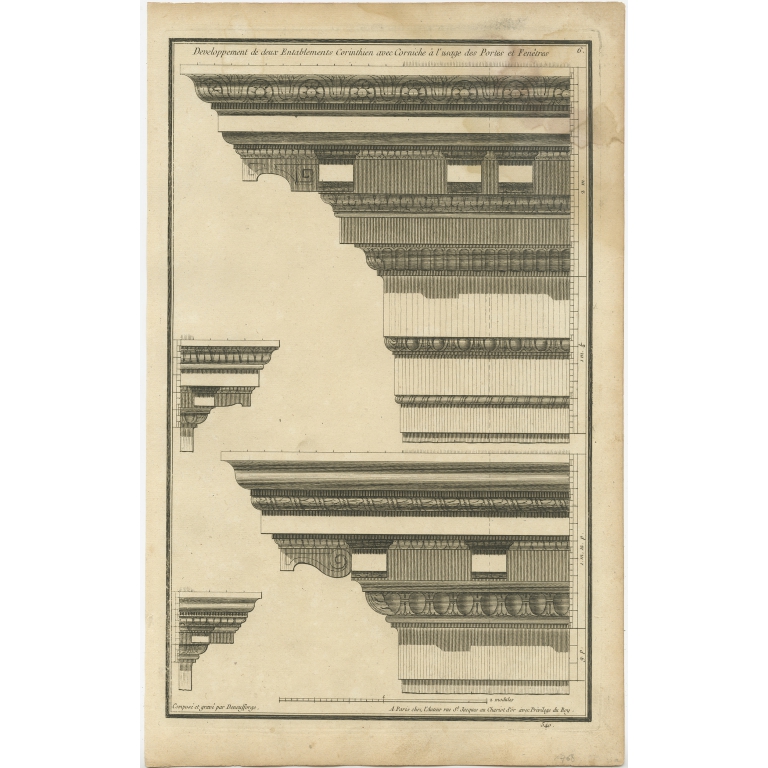Pl. 6 Antique Architecture Print of Corinthian Entablatures by Neufforge (c.1770)