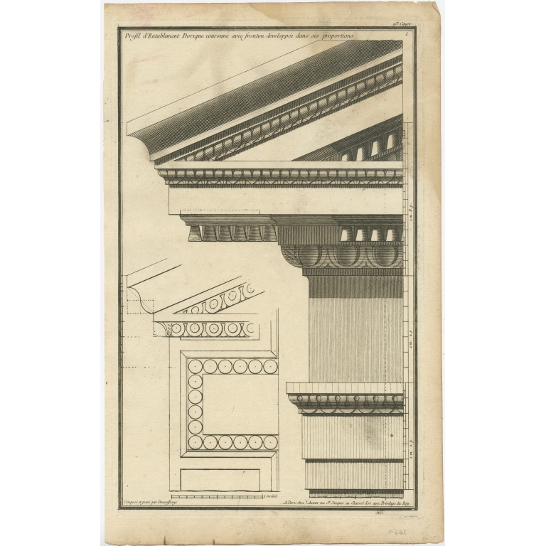 Pl. 1 Antique Architecture Print of a Doric Entablature by Neufforge (c.1770)