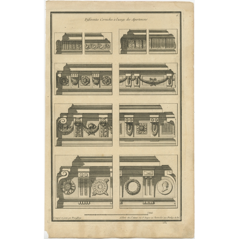 Pl. 6 Antique Architecture Print of various Cornices by Neufforge (c.1770)