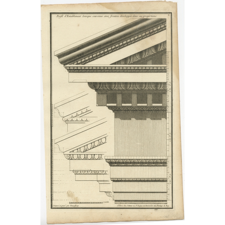 Pl. 2 Antique Architecture Print of an Ionic Entablature by Neufforge (c.1770)