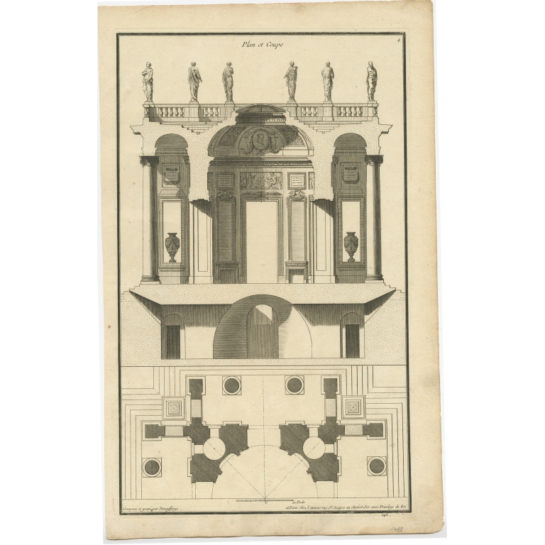 Pl. 4 Antique Architecture Print of a Building Plan and Section by Neufforge (c.1770)