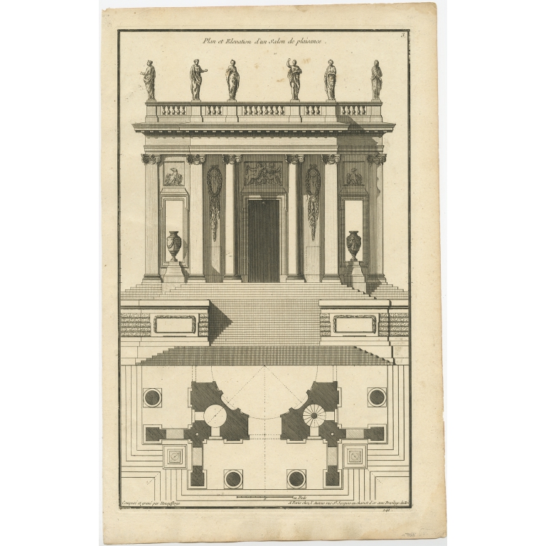 Pl. 4 Antique Architecture Print of a Building Plan and Section by Neufforge (c.1770)