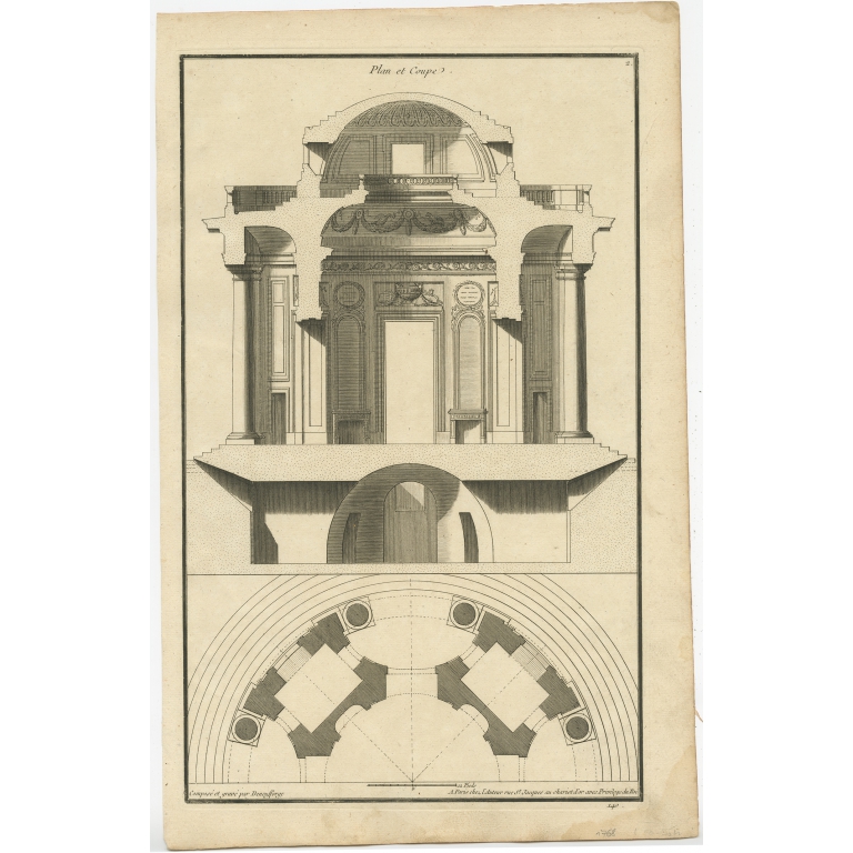 Pl. 2 Antique Architecture Print of a Building Plan and Section by Neufforge (c.1770)