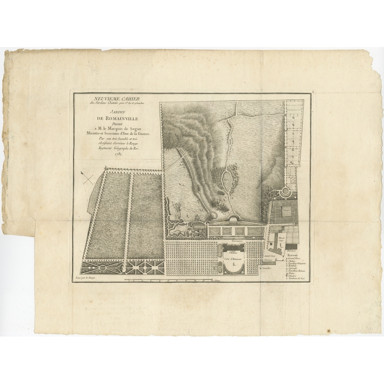 Pl. 10 Antique Print of the Castle and Garden of Romainville by Le Rouge (c.1785)