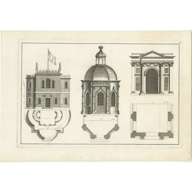 Pl. 9 Antique Print of various Garden Temples by Le Rouge (c.1785)