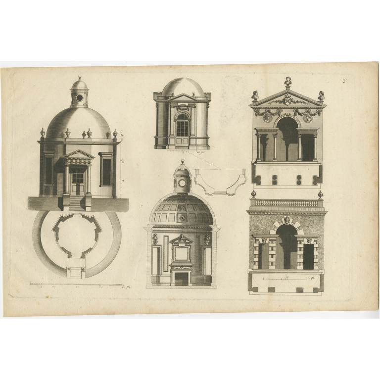 Pl. 10 Antique Print of various Garden Temples by Le Rouge (c.1785)