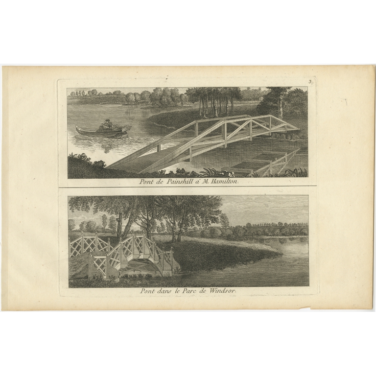 Pl. 3 Antique Print of the Bridge of Painshill and Windsor Park by Le Rouge (c.1785)