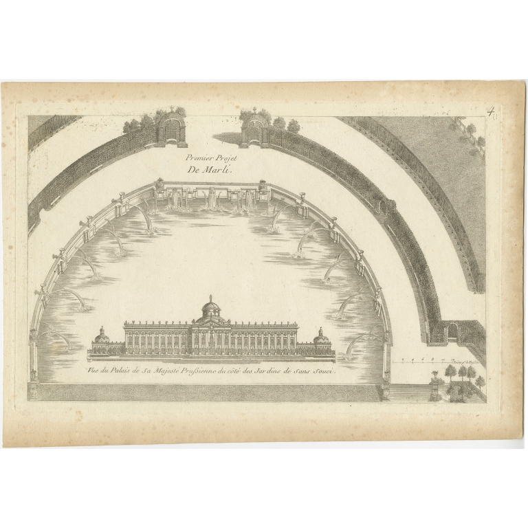 Pl. 4 Antique Print of Sanssouci Palace by Le Rouge (c.1785)