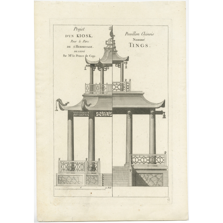 Pl. 15 Antique Print of a Garden Kiosk and Chinese Pavilion by Le Rouge (c.1785)