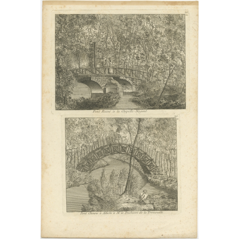 Pl. 20 Antique Print of the Bridge of Nogent Chapel and a Chinese Bridge by Le Rouge (c.1785)