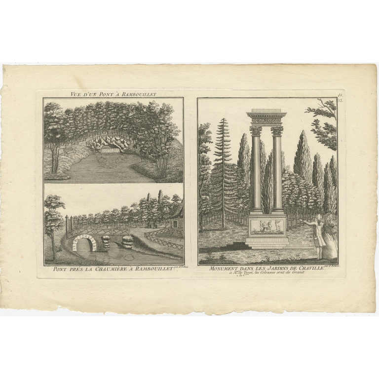 Pl. 15 Antique Print of various views of Rambouillet by Le Rouge (c.1785)