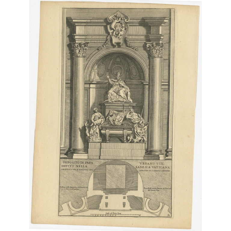Antique Print of the Monument to Pope Urban VIII by De Rossi (c.1710)