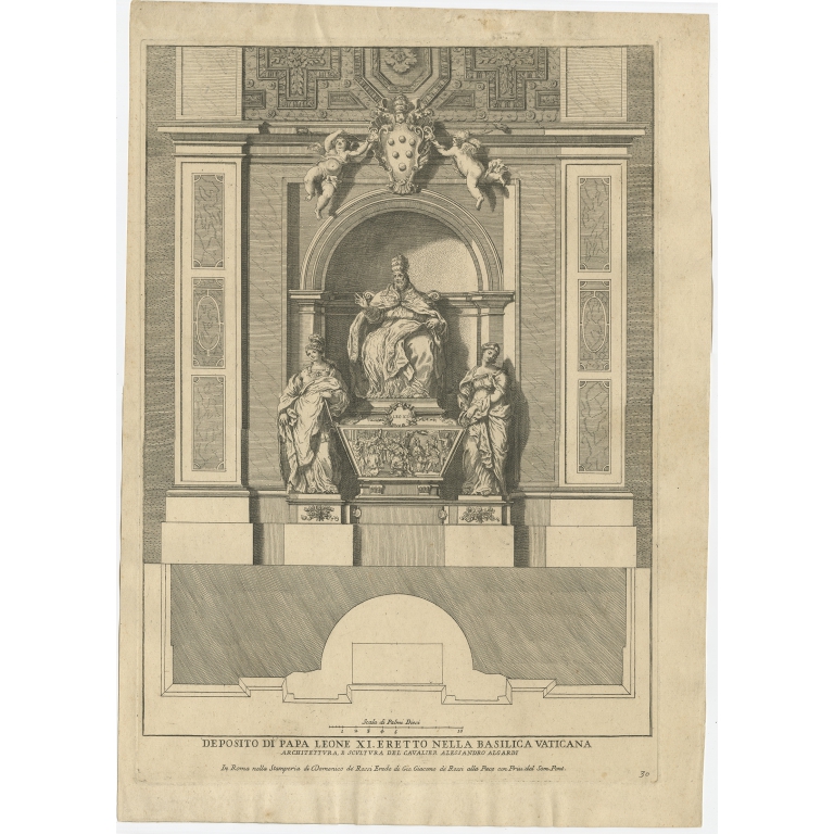 Antique Print of the Monument to Pope Leo XI by De Rossi (c.1710)