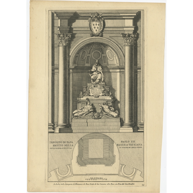 Antique Print of the Monument to Pope Paul III by De Rossi (c.1710)
