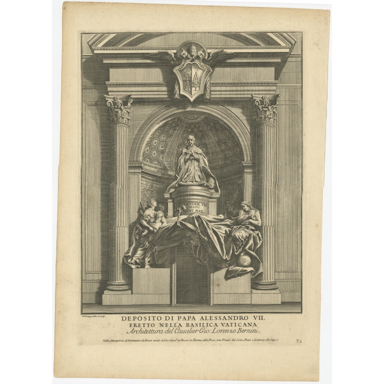 Antique Print of the Monument to Pope Alexander VII by De Rossi (c.1710)