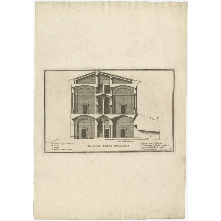 Antique Print of a Cross-Section of a Building in Rome by De Rossi (c.1710)