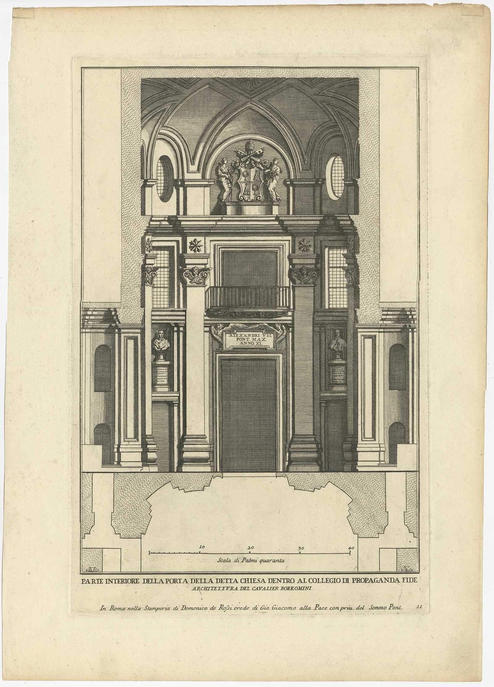 Antique Print of Palazzo di Propaganda Fide by De Rossi (c.1710)