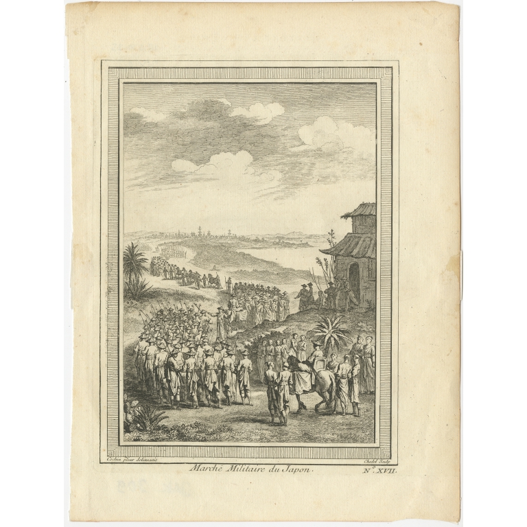 Antique Print of a Japanese military march by Chedel (1746)