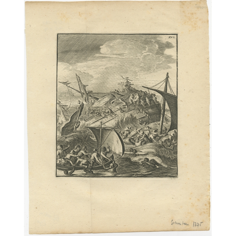 Antique Print of a Shipwreck near Arrakan by Schouten (1775)